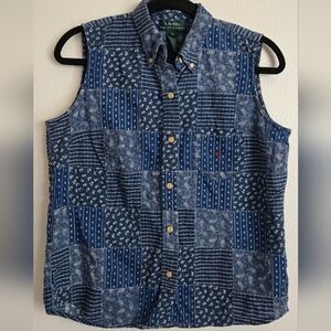 Lauren Ralph Lauren Blue Bandana Patchwork Sleeveless Shirt Size Medium